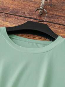 Crew Neck T-Shirt With Slogan Print And Minimalist Floral Embroidery In Plus Size - Mint Green - View 5
