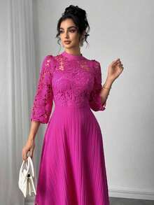 Vestido largo de manga larga con parches de bordado de ojal amarillo para mujeres - Rosa Fucsia - Ver 7