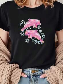 Camiseta de mujer 2026, estampado de delfines rosados brillantes y océano mágico, camiseta negra de manga corta y cuello redondo - lavable a máquina, adecuada para primavera, verano y otoño, estilo casual, ajuste cómodo, diseño moderno, versátil para uso diario, tela suave, camiseta de estilo moderno. - Negro - Ver 1