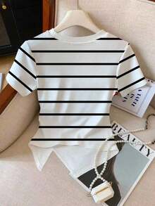 de manga corta con pliegues y bajo asimétrico de unicolor casual para mujer, verano - Multicolor - Ver 2