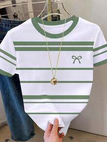Camiseta de mujer de manga corta con cuello redondo, estampado de rayas y lazo, de estilo casual para verano - Blanco 2 - Ver 1