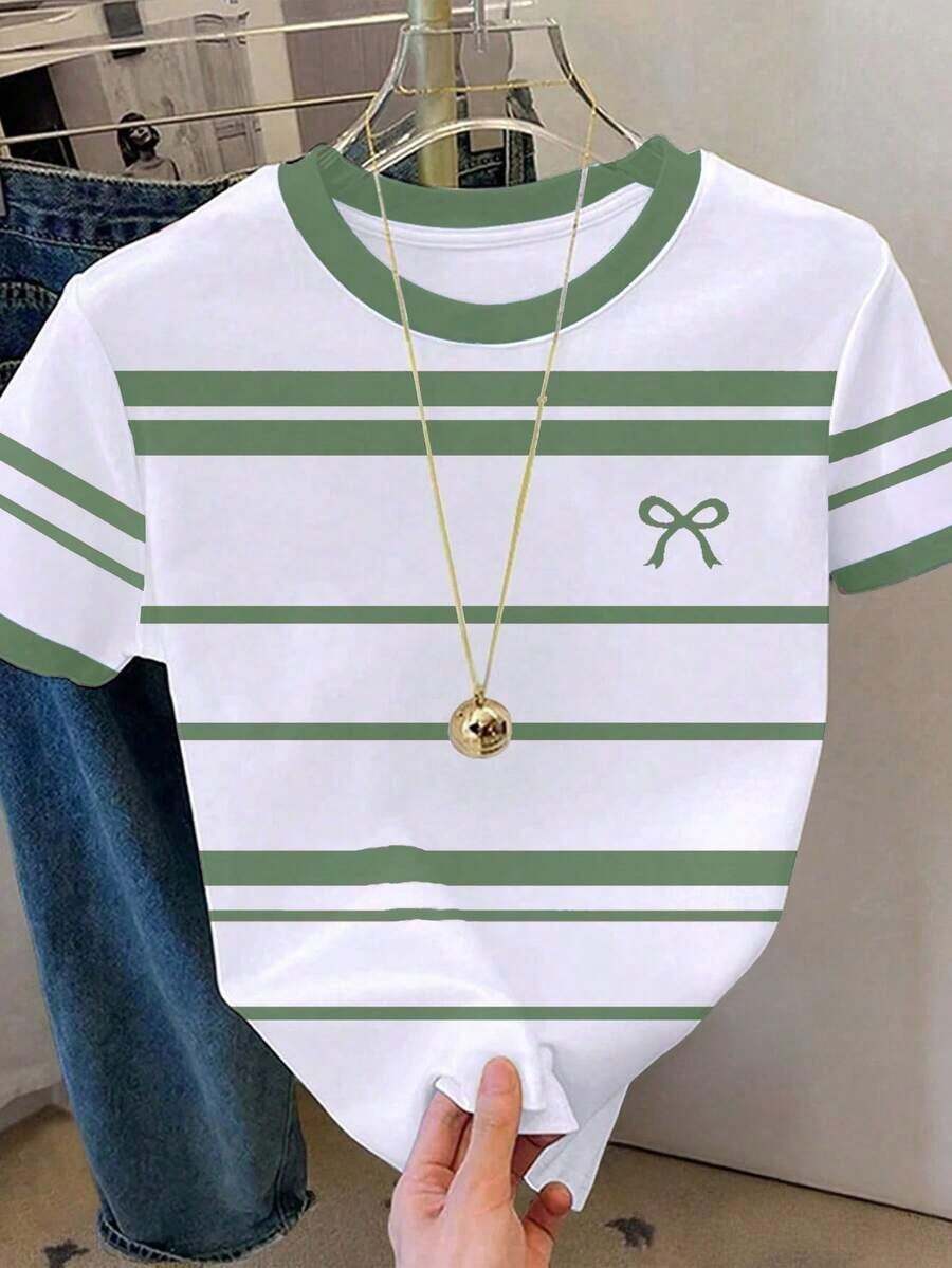 Camiseta de mujer de manga corta con cuello redondo, estampado de rayas y lazo, de estilo casual para verano - Blanco 2 - Ver 1