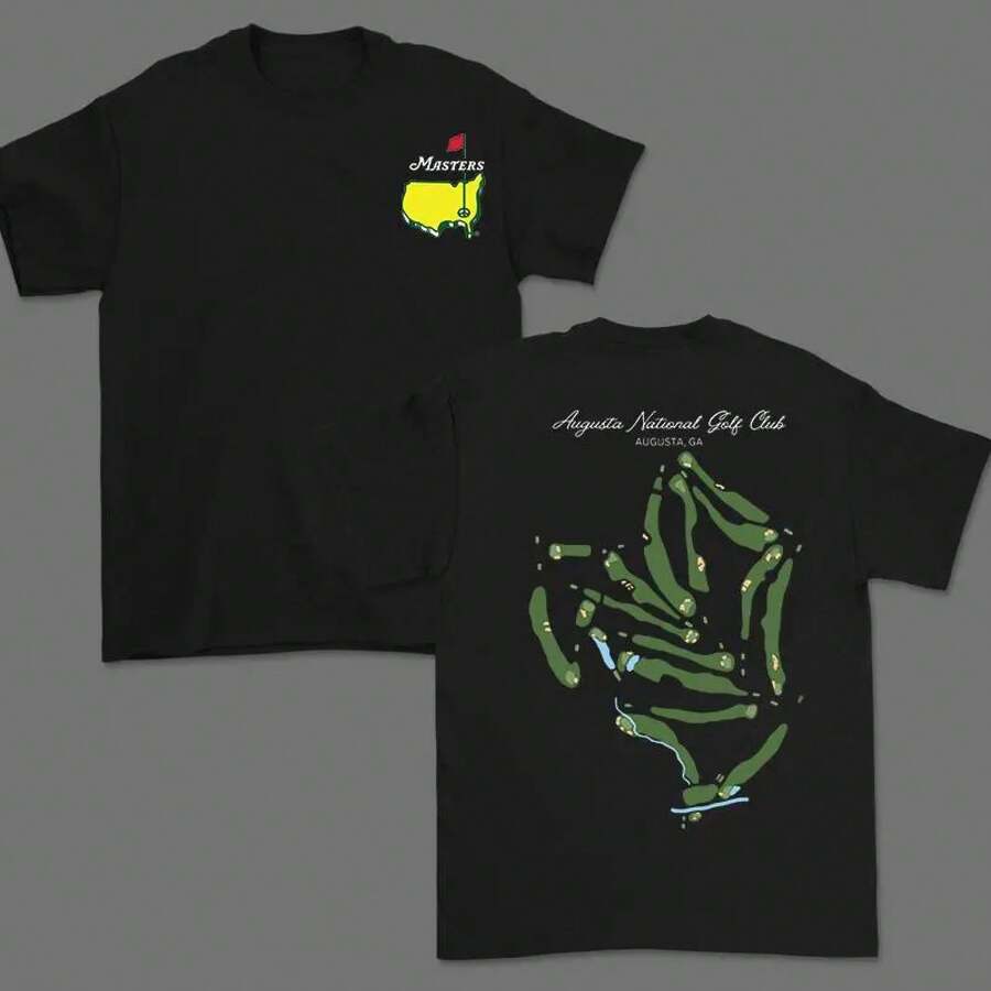 Golf T-Shirt With Map Of The Augusta National Course, For Men And Women, Unisex Vintage Cotton Clothing, Breathable Fabric Sports Top, Masters Tournament T-Shirt, Masters T-Shirt. - 黑色 - 查看 1