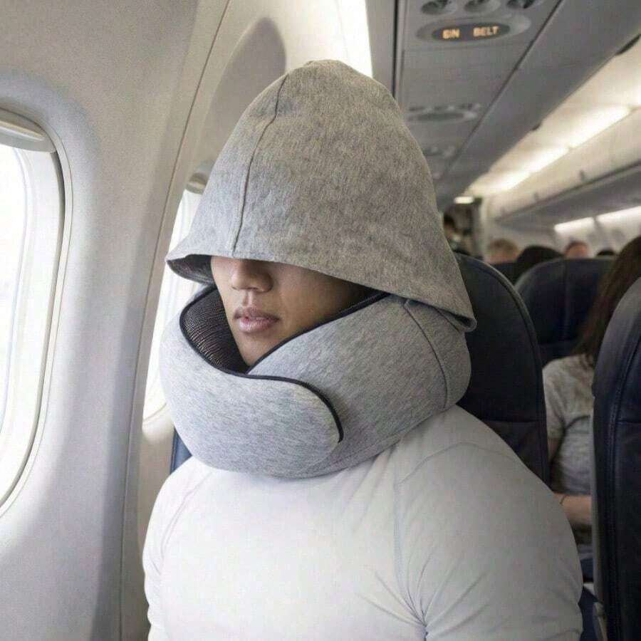 [Hat-Attached Neck Pillow]Foam Travel Pillow Office Or Car Use During Long Flights Includes Eye And Earplugs; Portable And Foldable Deep Relaxation - Xám (Không lông) - Xem 1