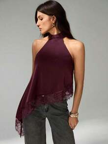 Tall Blusa sin mangas elegante y formal con cuello halter asimétrico, adorno de encaje y hombros descubiertos para fiesta, cóctel, boda o salida nocturna en primavera, verano y otoño - Burdeos - Ver 6