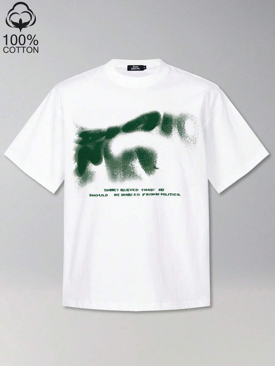 Tiny Spark Men's Short Sleeve Blurred Letter Print Crew Neck Casual T-Shirt - White - View 1