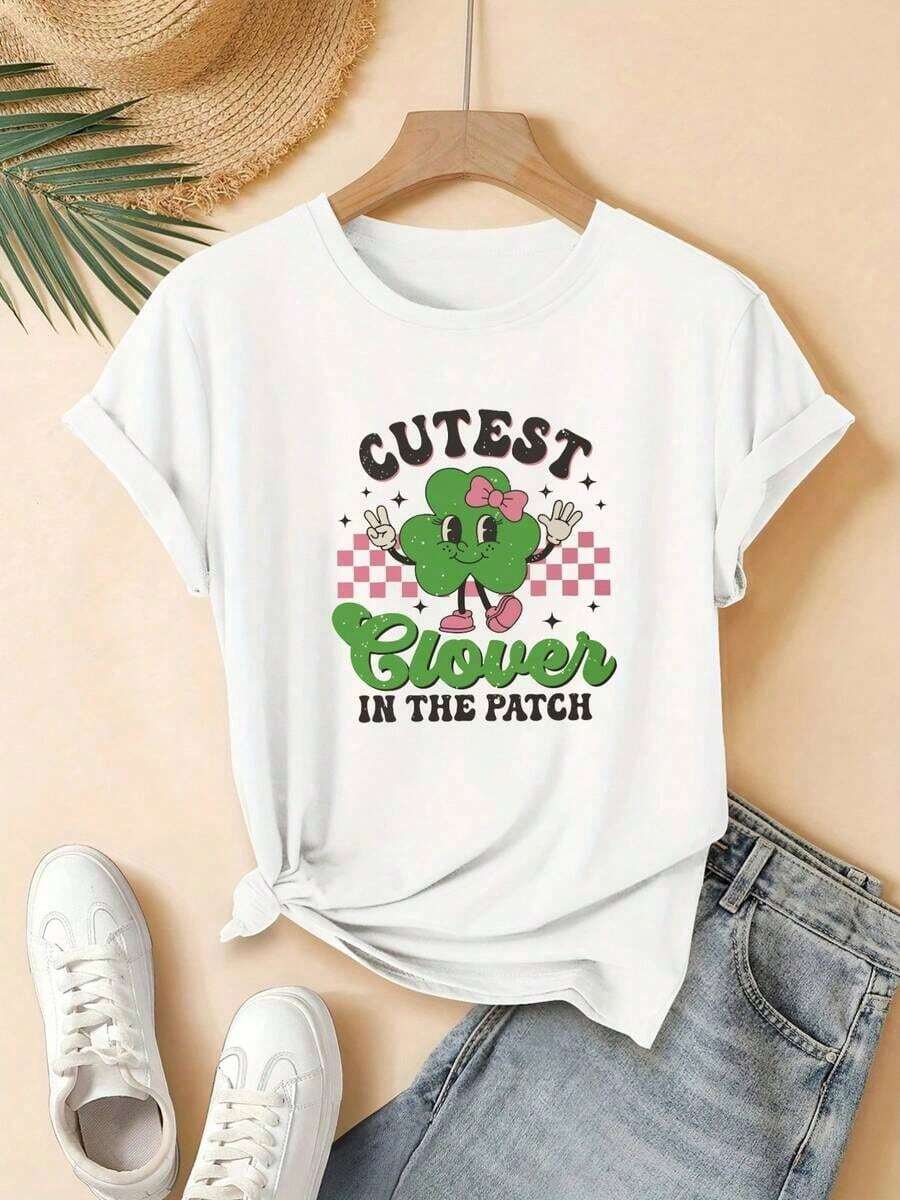 Camiseta de manga corta para mujer, corte regular - Bonito diseño geométrico en 2D de un patrón de trébol de cuatro hojas, lleno de encanto y estilo urbano. | Perfecto para el ocio en vacaciones | Adecuado para ocasiones festivas - Estilo - Ver 1