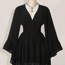 ICON Women's Halloween Goth Black Corset Solid Color V-Neck Waist Cinched Elegant Long Sleeve Mini Dress,Fall/Winter  Bell Sleeve Dress Black Dress With Sleeves,Thanksgiving Outfit For Women - Azul - Ver 6