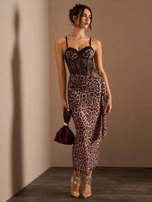 Charm Vestido largo elegante y sexy para mujer con detalles de encaje, estampado de leopardo, asimétrico en la cintura, transparente, con efecto de espina de pescado y un solo tirante - Multicolor 2 - Ver 3