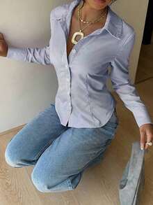 Camisa de manga larga de ajuste ceñido con cintura anudada a rayas rosa, blusa a rayas amarilla para mujer, nueva colección de otoño - Azul marino - Ver 4