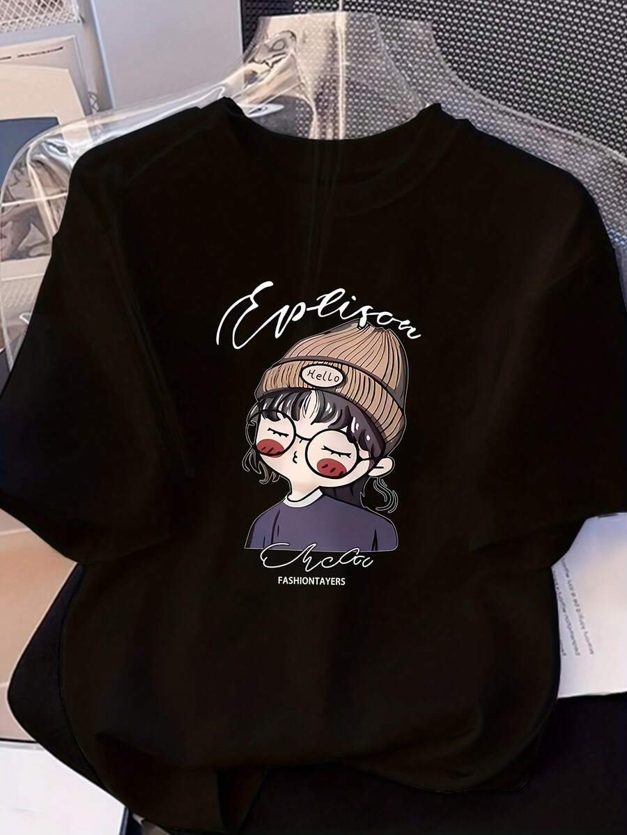 Camiseta Casual de Manga Corta para Mujer 2025 - Estampado de Dibujos Animados, Cuello Redondo , Lavable a Máquina, Ajuste Holgado para Verano - Negro - Ver 1