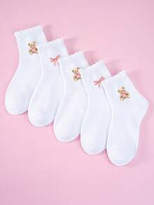 5 đôi tất ngắn cho bé gái, họa tiết gấu bông và nơ hồng dễ thương, tất mỏng mùa xuân hè, chất liệu thoáng khí, thấm hút mồ hôi, nhanh khô, chống trơn trượt, thoải mái, kiểu dáng công chúa dễ thương, năng động, tất cổ cao đến giữa bắp chân, thích hợp mặc hàng ngày, đi học, dự tiệc, lễ Phục sinh, quà tặng sinh nhật. Họa tiết gấu và nơ màu trắng phối hợp với chi tiết viền bèo nhún, tất thời trang cho học sinh, món quà hoàn hảo cho bé gái. - Nhiều màu - Xem 4