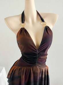 Vestido azul impreso de malla de punto con escote de halter romántico de vacaciones para mujeres - Marrón 2 - Ver 4