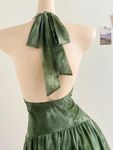 Vestido azul impreso de malla de punto con escote de halter romántico de vacaciones para mujeres - Verde - Ver 8