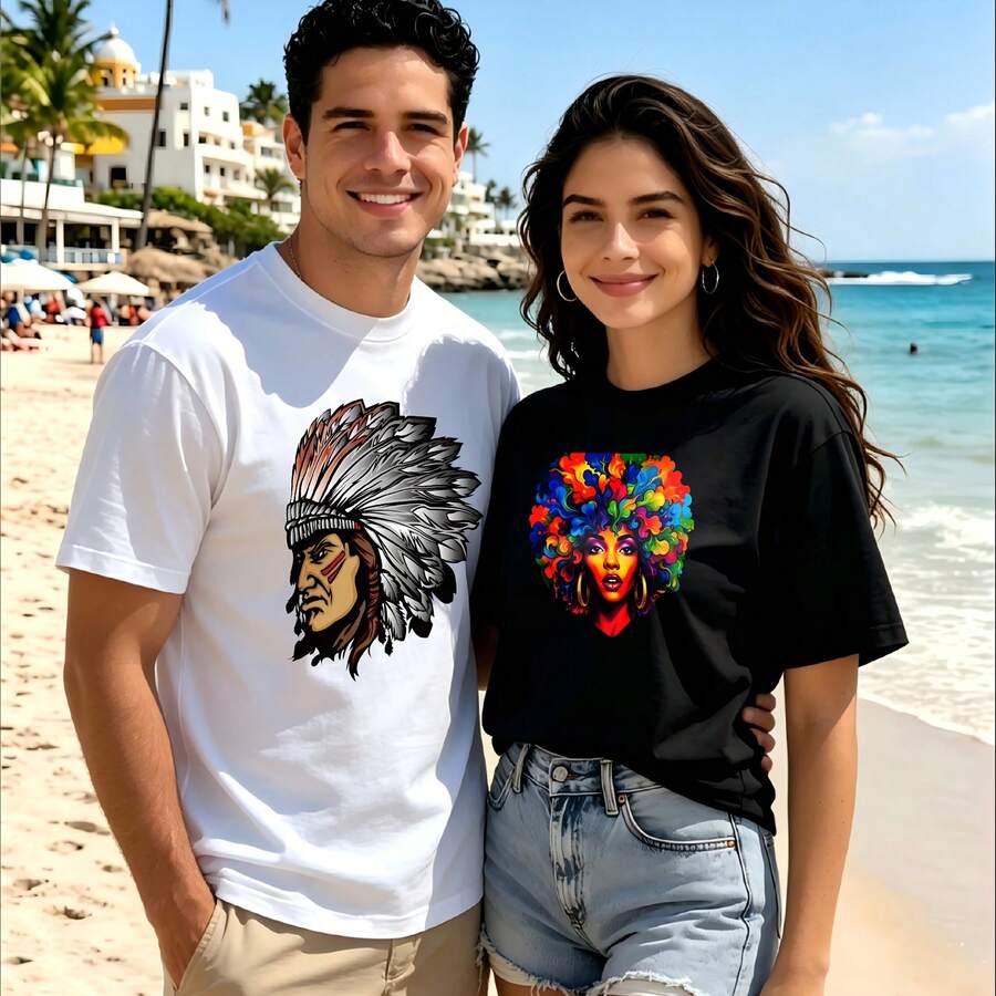 2-Piece Couple Matching Pattern T-Shirt, 100% Cotton, Loose Fit, Soft And Breathable, Casual Round Neck Short Sleeved Top Man Drinking Coffee Woman Holding Milkshake Versatile Patterns No Picky Combinations Coordinated Dating Casual Travel Simple And Cartoonish Printing Styles High - 白色 - 查看 1