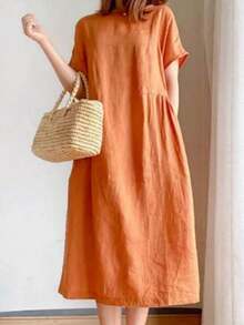 Vestido de mujer de unicolor de longitud media, de manga corta, minimalista y de moda, adecuado para la primavera/verano elegante - Naranja - Ver 1