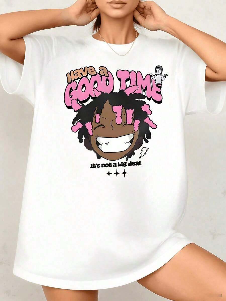 Comfortable. Smiling Cartoon Face With Curly Hair And Pink Streaks Conveying Fun And Positive Energy. Women's T-Shirt, 100% Cotton, 220g. Loose, Versatile Short Sleeve T-Shirt For Women. - 白色的 - 查看 1
