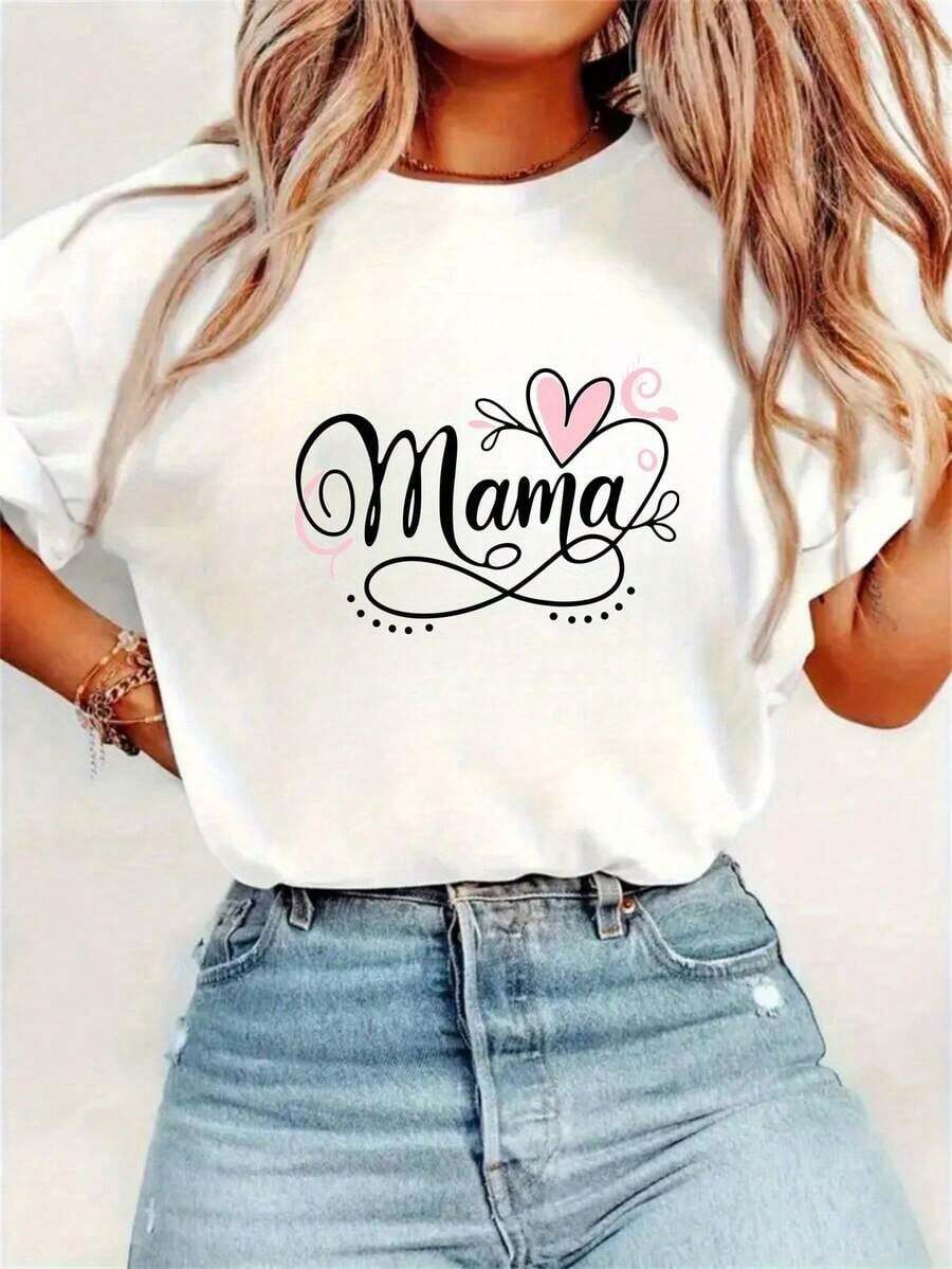 20261 pieza Camiseta de Manga Corta Vintage para Mujer - Estampado de Corazón Rosa y "Madre" - Blusa Informal de Tela Elástico para Primavera, Verano y Otoño - Regalo de Cumpleaños para Mamá - Lavable a Máquina Cómoda y Cuello Redondo para Conjuntos de ropa del Día de la Madre - 1 camiseta - Blanco - Ver 1