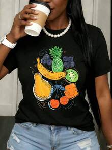 Women's Casual White T-Shirt With Fruit Print, Summer Casual Top With Pineapple, Banana, Pear, Cherry And Kiwi Design For Daily Wear And Vacation Style. - 黑色 - 查看 1