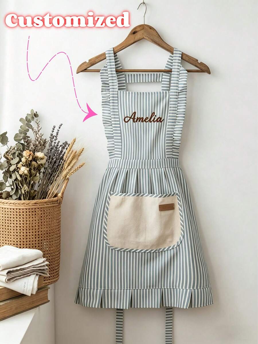 Personalized Striped Apron With Pockets, Embroidered Baking Kitchen Workwear