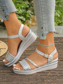 Sandali con zeppa alla moda estiva casual da donna, sandali casual da spiaggia con cinturino intrecciato in argento e punta tonda, sandali con zeppa in PU intrecciato argento con fibbia per il tempo libero all'aperto, sandali con tacco alto da donna - Argento - Visualizzare 5