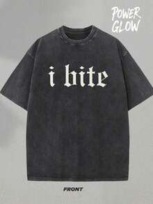I Bite Graphic T-Shirt, Washed T-Shirt, Christmas Gifts, Y2K Graphic Tees For Men, Vintage Washed Urban Style Tees, 230G Cotton T-Shirts, 100% Pure Cotton, Unisex Graphic Tees, T-Shirts For Halloween And Back To School - 黑色 - 查看 6