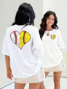 Corazón de béisbol y softbol diseño envejecido une la pasión deportiva con un toque vintage camiseta de mujer 100% algodón muestra tu amor por los deportes con este diseño único que captura la esencia del juego. Adecuado para primavera, verano y otoño - Blanco - Ver 1