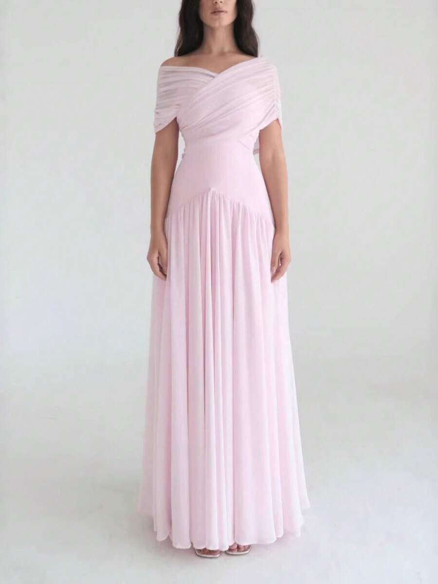 Long Dress With Short Sleeves And A Crossover Design, Soft And Romantic Elegant Style. - 粉色 - 查看 1