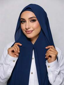 1 pieza Hijab de gasa 3 en 1 de uso rápido con imán incorporado y gorro interno/Hijab de uso rápido integrado--Sin necesidad de alfileres, ajuste antideslizante, uso instantáneo - Azul oscuro - Ver 6