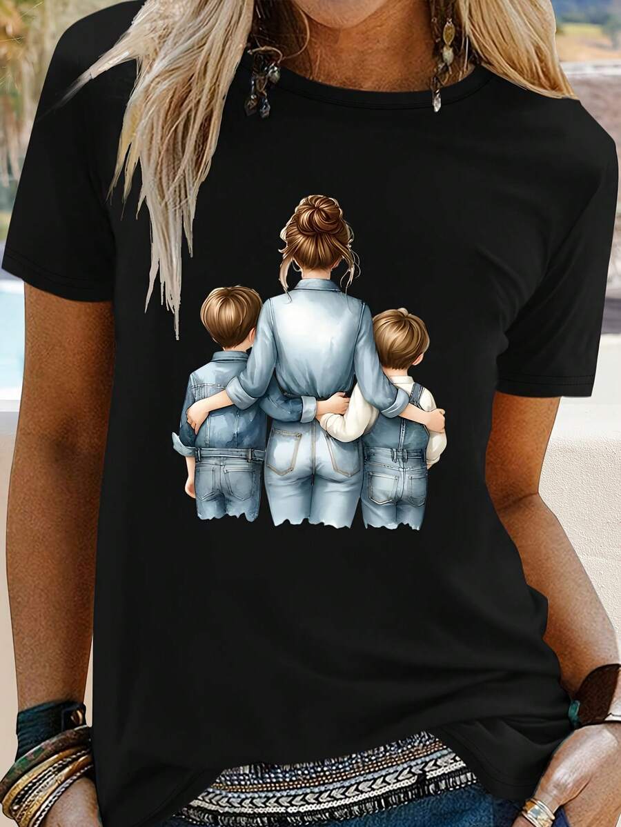 Women's Casual Short Sleeve T-Shirt - "Mother And Two Children" Print, Soft And Breathable Fabric, Machine Washable Crew Neck, Relaxed Fit, Family Design, Comfortable Material, Family Themed Clothing For Summer And Spring - 黑色 - 查看 1