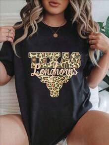 playeras de mujerTexas Leopard Longhorns Pattern Print Design Women's Fashionable Print Casual T-Shirt Suitable For All Seasons  
 -White Summer Styleconjuntos de mujer - Negro - Ver 6