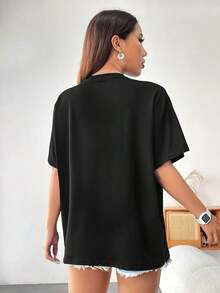 New Year Special Offer, Elegant Short Sleeve Crew Neck T-Shirt, Spring/Summer Casual Wear, Comfortable Machine Washable Top, Loose Fit, Soft & Stretchy Fabric, Handcrafted Print, Summer Style, Women's Sets. - 黑色 - 查看 2