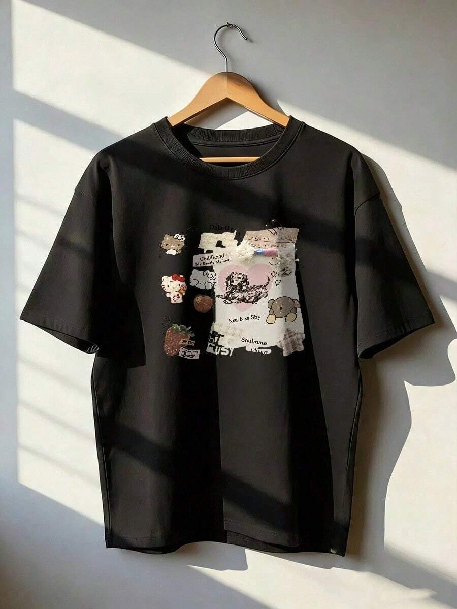 Cute Character Collage T-Shirt With Scrapbook Elements, Short-Sleeve T-Shirt For Spring/Summer 2026, Made In Mexico, 180 Grams. Cartoon Print, Couple Design, Suitable For Indoor Or Outdoor Wear. Crew Neck, Unisex, Ideal For Office And Leisure. One-Pack. - BK-P631577SLNDXZGY506 - 查看 1