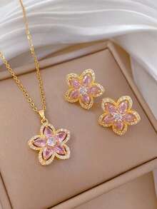 3pcs Copper Inlaid Cubic Zirconia Pendant Necklace + Earrings Clover Decor Jewelry Set, Suitable For Women's Daily Wear - Jewelry Set - View 5