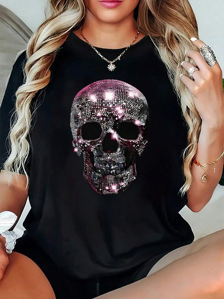Plus Size Women's Short-Sleeve Crew Neck T-Shirt, Women's Short-Sleeve Crew Neck T-Shirt - Casual Blouse Made Of Slightly Stretchy, Machine-Washable, Spring, Summer, And Autumn Top For Everyday Wear - Comfortable And Versatile Short-Sleeve T-Shirt For Women, 100% Cotton - 黑色 - 查看 1