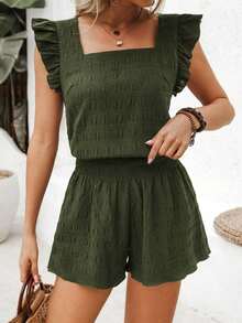 Conjunto de dos piezas para mujeres de vacaciones de verano con top de manga corta con cuello cuadrado y shorts de unicolor - Verde militar - Ver 1