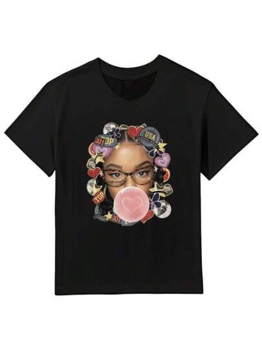 Girls' Set (Only Available For The Short-Sleeved T-Shirt Shown In The Image) Girls' Casual Summer T-Shirt, WHITE SUMMER T-SHIRT WITH COOL HIP-HOP GIRL PORTRAIT PRINT, Pure Cotton, Versatile And Comfortable, Breathable And Moisture-Wicking With Durable Print, Short-Sleeved Crew Neck T-Shirt, Casual Summer And Outdoor Wear, Gift Idea For Birthdays And Graduations, Celebrations, Black Summer T-Shirt For Young People Ages 3-13, Suitable For Christmas Parties, Family Gatherings, Outdoor Activities And Everyday Occasions. - 黑色 - 查看 1