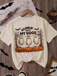 Camiseta de mujer con estampado de fantasma y calabaza de Halloween - Albaricoque - Ver 3