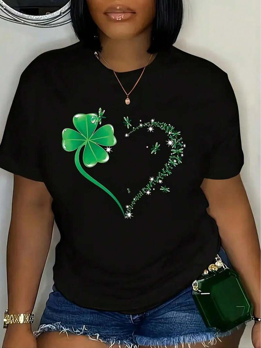 [Festive Clover Tee] Casual, T-Shirt - Women's St. Patrick's Day Clover & Valentine's Heart, Machine Washable, All-Season Fashion Tee With Festive Shamrock Design, Round Neck - Black - View 1