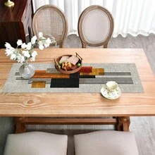 1件黑色和橙色几何条纹印花桌旗，亚麻质感，现代抽象风格，印花涤纶桌布/旗帜，家居装饰，适用于节日场景、家庭用餐和聚会 - 彩色 - 查看 7