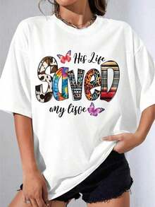 Women's Black And White T-Shirt, Oversized White T-Shirt With Butterfly And Animal Graphic Print, Casual Wear For Everyday Outfits And Urban Style, Outdoor Party, Casual Printed T-Shirt - 白色 - 查看 4