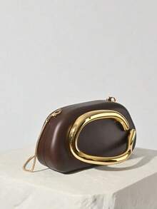 Fashionable Box Bag, Vintage Chain Strap Small Square Shoulder Bag, Versatile For Attending Banquets, Shell Bag Design - Rust Brown - View 3
