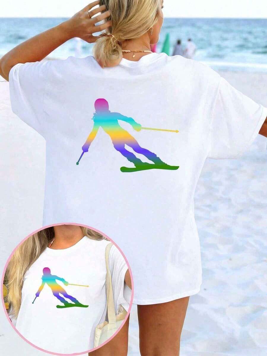 New Summer 2026 Collection: Women's Fashion Casual Sports T-Shirt, Short Sleeve Top With Round Neck And Creative Design, Double-Sided Gradient Chemical Print, Stylish And Loose Fit, Slightly Stretchy And Soft, Casual Party Top, Suitable For Home, Office, And Outdoor Commuting, A Women's T-Shirt Suitable For All Seasons. Summer T-Shirt With Front And Back Print - 白色 - 查看 1