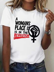 T-Shirt With  Symbol - Slogan "The Status Of Women In The Revolution" With The Iconic Icon Of A Woman Raising Her Fist - Casual Round Neck T-Shirt, Suitable For  Actions, Daily Wear And As Women's Rights Clothing. - 白色 - 查看 7