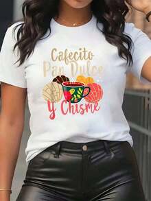 Nuevas llegadas para el verano. Camiseta de mujer con estampado de taza de café y pasteles "Cafecito Pan Dulce Y Chisme", cuello redondo, uso diario casual, suave y cómoda, blusa para vacaciones, camisa > Hermosa. - Blanco - Ver 1