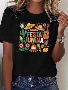 Women's T-Shirt With Mexican Hat Design For The June Bonfire Festival, Comfortable Pure Cotton T-Shirt For Women - 黑色 - 查看 10