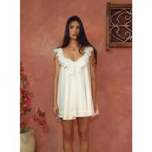 Women Ruffle Trim Babydoll Dress Loose V Neck Sleeveless Open Back A-Line Mini Dress For Summer Outdoor Party Club - 白色 - 查看 7