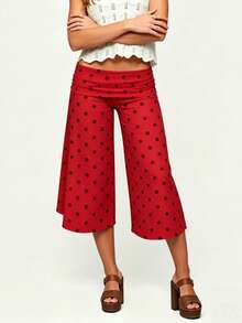 Women Casual Fold Over Loose Fit Capri Pant Leg Cropped Flowy Cotton Gaucho Pants Comfy Casual Yoga Coluttes Pajama Bottom Soft Comfortable Cropped Trouser Lounge Sleepwear Bottoms - 酒紅色 - 查看 2