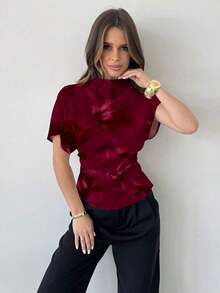 Blusa ajustada de estampado animal minimalista y casual con cuello fruncido, manga asimétrica y cintura fruncida, para mujer, para todas las estaciones - Burdeos - Ver 8