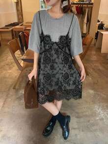 Vestido de mujer con parches de encaje sin mangas 2 en 1 con mangas cortas, vestidos de verano para mujeres - Gris - Ver 2
